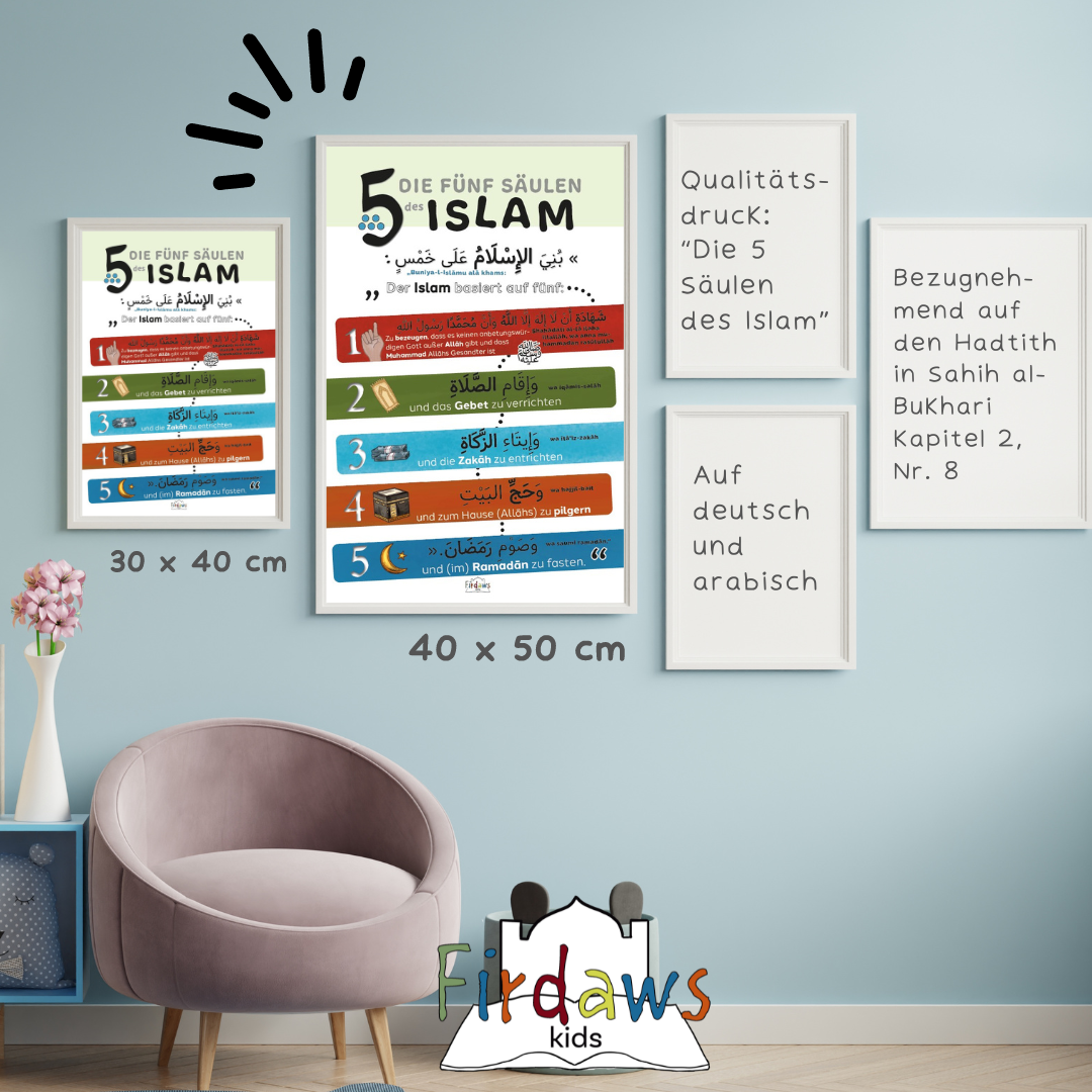 5 Säulen Des Islams Arabisch Lern-Poster "Die fünf Säulen des Islam" arabisch | deutsch für A3 Rahm
