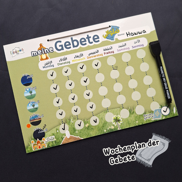 Abwischbarer Gebetstracker für Kinder mit Folienstift zum Abhaken von Fajr, Dhuhr, Asr, Maghreb und Ishaa