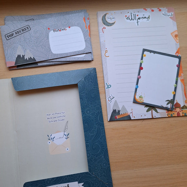 Briefpapier für Kinder mit islamischen Motiven; Islamisches Briefpapier mit Block und Mappe