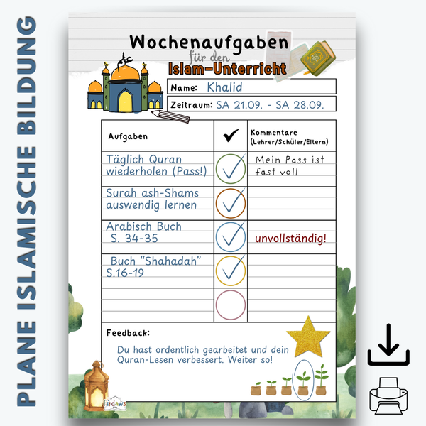 Wochenaufgaben-Planer für den Islam-Unterricht – Struktur & Motivation für muslimische Kinder