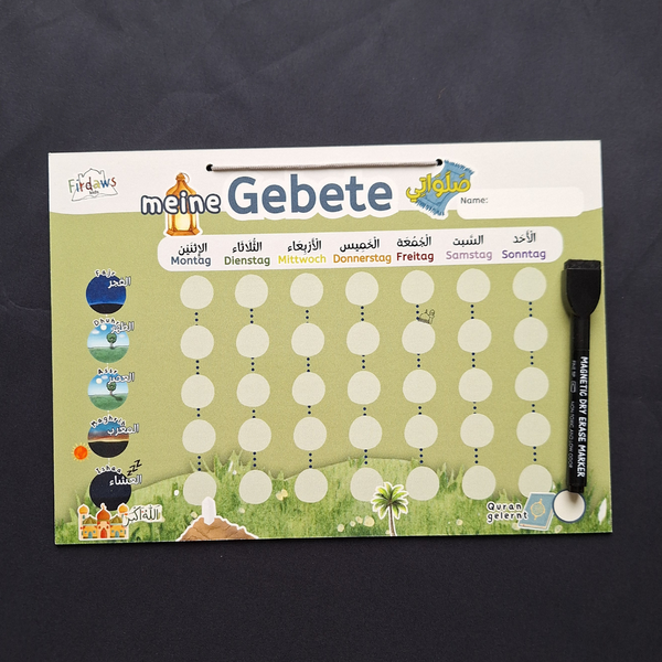 Abwischbarer Gebetstracker für Kinder mit Folienstift zum Abhaken von Fajr, Dhuhr, Asr, Maghreb und Ishaa
