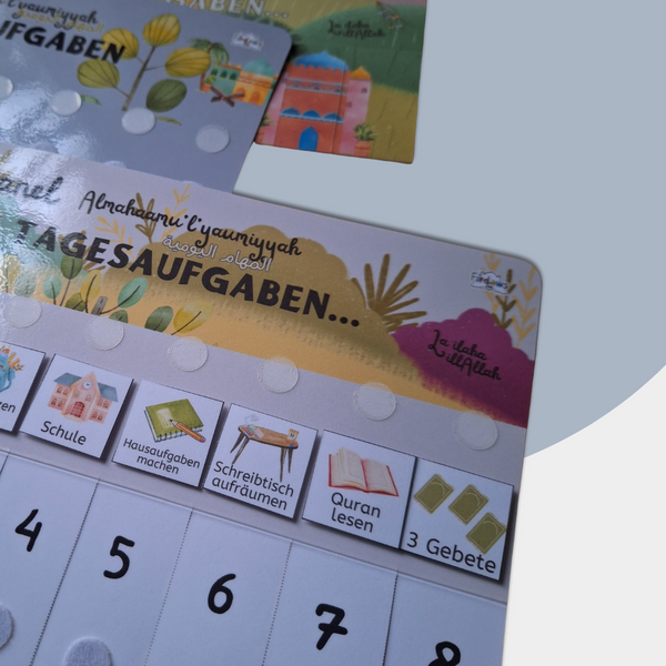 Besipielaufgaben des Islamischen Tagesplaners für Kinder mit Klettfunktion und individuell anpassbaren Tagesaufgaben für die islamische Kindererziehung