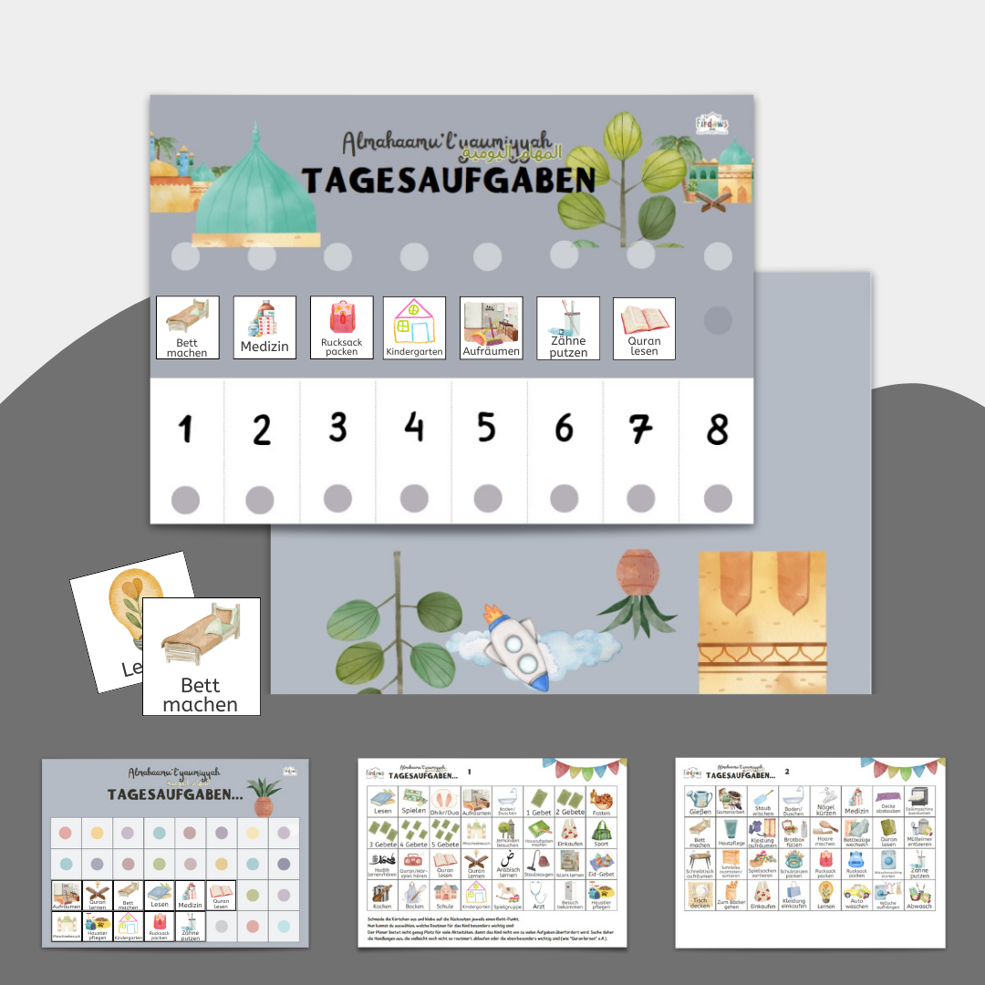 Islamischer Tagesplaner für Kinder mit Klettfunktion und individuell anpassbaren tagesaufgaben für die islamische Kindererziehung im grauen Design mit Moschee-Motiven und Rakete