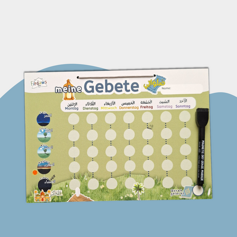 Abwischbarer Gebetstracker für Kinder mit Folienstift zum Abhaken von Fajr, Dhuhr, Asr, Maghreb und Ishaa