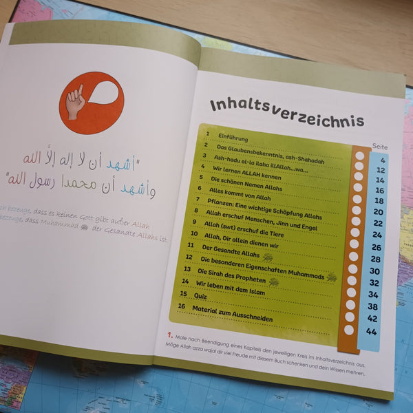 Islamische Grundlagen für kleine Muslime zum Thema Shahadah, also islamisches Glaubensbekenntnis als islamisches Kinderbuch für den Islam-Unterricht. Hier das Inhaltsverzeichnis mit den Themen