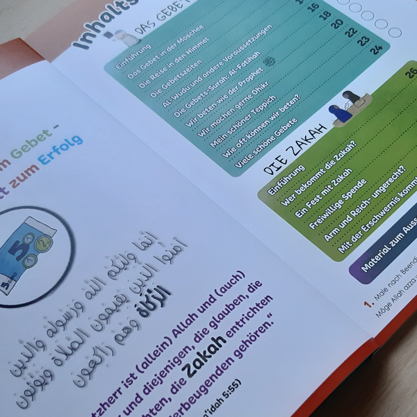 Islamisches Kinderbuch über die fünf Säulen des Islam und das Gebet (Salah) und die Zakat 